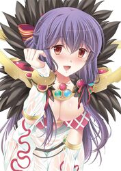  :d bangle bangs blush bow bracelet breasts cleavage comiket_87 commentary_request covered_nipples cowboy_shot detached_sleeves dress eyebrows_visible_through_hair female fur_collar hair_between_eyes hairbow jewelry large_breasts leaning_forward long_hair looking_at_viewer maru_(sasayama_chikage) open_mouth purple_hair ragnarok_online red_bow red_eyes simple_background smile solo sorcerer_(ragnarok_online) textless wet wet_clothes wet_dress white_background white_dress white_sleeves 