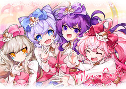  +_+ 4girls :d ahoge aisha_landar arm_up bad_id bad_pixiv_id blue_bow blue_eyes blush border bow closed_eyes dress elsword eve_(elsword) fingernails grey_hair group_picture hairbow highres icedango_(dpopic3) idol jewelry laby_(elsword) lace lace_border light_purple_hair long_sleeves looking_at_viewer luciela_r._sourcream mega_cake multiple_girls oerba_yun_fang open_mouth ornate_border pink_background pink_bow pink_dress pink_hair pink_nails purple_bow purple_eyes purple_hair red_bow ring sharp_teeth smile sparkle teeth yellow_eyes 