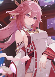  absurdres animal_ears armpit_crease backless_shirt bare_shoulders blurry blurry_background blush breasts cherry_blossoms clenched_teeth cowboy_shot detached_sleeves earrings falling_petals female floating_hair floppy_ears floral_print fox_ears genshin_impact hair_between_eyes hair_ornament hal_aluha head_tilt highres japanese_clothes jewelry lips long_hair looking_at_viewer medium_breasts nontraditional_miko obi open_mouth outdoors petals pink_hair pink_nails purple_eyes sash shirt sideboob sidelocks solo teeth tomoe_(symbol) torii turtleneck vision_(genshin_impact) white_shirt wide_sleeves yae_miko 