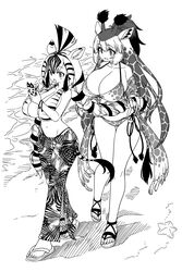  2girls alternate_breast_size alternate_hairstyle animal_ears animal_print bare_legs bare_shoulders beach bikini braid breasts chapman&#039;s_zebra_(kemono_friends) cleavage commentary_request day earrings extra_ears full_body giraffe_ears giraffe_horns giraffe_print giraffe_tail greyscale hair_between_eyes highres holding holding_another&#039;s_hair horns huge_breasts jewelry kemono_friends long_hair monochrome multicolored_hair multiple_girls navel outdoors pants print_bikini print_pants print_scarf print_swimsuit reticulated_giraffe_(kemono_friends) sand sandals scarf skindentation stomach striped_hair swimsuit tail toenails toes twin_braids very_long_hair walking water yoshida_hideyuki zebra_ears zebra_girl zebra_print zebra_tail 