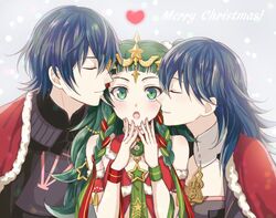  1boy 2girls armor blue_hair braid byleth_(female)_(fire_emblem) byleth_(fire_emblem) byleth_(male)_(fire_emblem) christmas closed_eyes closed_mouth commentary english_commentary fire_emblem fire_emblem:_three_houses fire_emblem_heroes fur_trim green_eyes green_hair hair_ornament hair_ribbon heart long_hair medium_hair merry_christmas multiple_girls open_mouth pointy_ears ribbon ribbon_braid shinkanoshin short_hair sothis_(fire_emblem) sothis_(winter)_(fire_emblem) tiara twin_braids upper_body 