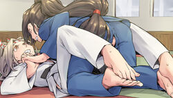  2girls alternate_costume barefoot black_hair brown_eyes dougi feet grey_hair hachimaki headband high_ponytail holding_hands indoors jelly_shrimp judo kantai_collection karate_gi long_hair low-tied_long_hair lying martial_arts multiple_girls nisshin_(kancolle) on_back pants torn_clothes torn_pants very_long_hair zuihou_(kancolle) 