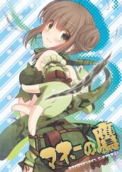  arm_garter bangs blush brown_eyes brown_hair camouflage_scarf closed_mouth comiket_84 commentary_request cowboy_shot double_bun eyebrows_visible_through_hair female fingerless_gloves gloves green_gloves green_scarf green_shorts green_tubetop looking_at_viewer maru_(sasayama_chikage) medium_hair ragnarok_online ranger_(ragnarok_online) scarf shorts sidelocks smile solo star_(symbol) star_in_eye strapless striped striped_background symbol_in_eye tubetop 