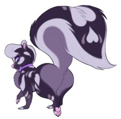  ass bell bell_collar big_butt big_tail bow_ribbon chest_tuft collar colored_nails eyelashes eyeshadow female feral glitterawrxd hair heart_(marking) makeup mammal markings melody_(kazukio) mephitid mustelid nails pink_nose presenting presenting_hindquarters purple_nails simple_background skunk smile solo spotted_skunk tail tuft walking western_spotted_skunk white_background wide_hips 