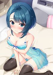  aizawa_kazuha arm_under_breasts assault_lily asymmetrical_hair babydoll bare_arms bare_shoulders bed between_legs black_thighhighs blanket blue_babydoll blue_bow blue_eyes blue_hair blue_panties blunt_bangs blush bow bow_babydoll bow_panties box breast_hold breasts cleavage clock closed_mouth collarbone commentary_request cosmetics digital_clock female fingernails frilled_babydoll frilled_panties frilled_thighhighs frills groin gungun_(hakutou7887) hand_between_legs highres indoors jewelry light_particles lingerie lipstick_tube looking_at_viewer medium_breasts medium_hair navel no_shoes on_bed panties pillow raised_eyebrows ring see-through shelf side-tie_panties sitting solo stomach string_panties thighhighs underwear underwear_only wariza 