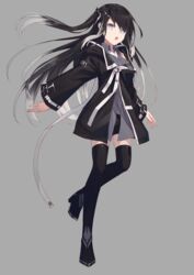  arms_at_sides black_coat black_hair black_shorts black_thighhighs coat coefont collared_shirt female floating_hair full_body grey_background grey_eyes grey_shirt highres long_hair long_sleeves looking_at_viewer millial_(coefont) multicolored_hair nagishiro_mito official_art parted_lips shirt shorts simple_background solo tachi-e thighhighs two-tone_hair wing_collar 