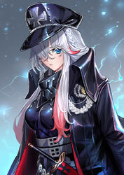  absurdres armor azur_lane blue_eyes braid breastplate breasts coat coat_on_shoulders cross female hair_over_one_eye hat highres iron_cross kaki_z3 lightning long_bangs looking_at_viewer medium_breasts multicolored_hair odin_(azur_lane) peaked_cap red_hair sheath sheathed solo streaked_hair sword upper_body weapon white_hair 