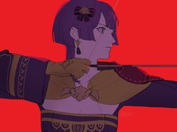  arrow_(projectile) bernadetta_von_varley bow_(weapon) commentary earrings female fire_emblem fire_emblem:_three_houses gloves grey_eyes hair_ornament highres jewelry long_sleeves parted_lips purple_hair red_background roru_(lol_dessin) signature simple_background solo upper_body weapon yellow_gloves 