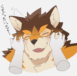  1boy ^_^ animal_ears bad_id bad_pixiv_id bara barrel_(live_a_hero) blush brown_fur closed_eyes cropped_shoulders disembodied_hand dog_boy dog_ears fangs furry furry_male kanato_(sakehabera) live_a_hero male_focus muscular orange_fur petting pov pov_adoring short_hair solo translated 