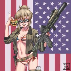  american_flag american_flag_background american_flag_bikini american_flag_print ar-15 artist_name ass_visible_through_thighs assault_rifle bikini blonde_hair blue_eyes breasts burger cowboy_shot female flag_print flashlight food gun hair_bun highres jacket laser_sight looking_over_eyewear looking_to_the_side magpul medium_breasts navel original print_bikini puto_trash rifle side-tie_bikini_bottom smile solo sunglasses suppressor swimsuit thighs weapon 