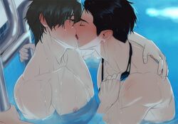  2boys bara black_hair blush brown_hair closed_eyes commentary couple free! french_kiss goggles goggles_around_neck green_eyes high_speed! kissing large_pectorals looking_at_another male_focus multiple_boys muscular muscular_male nipples partially_submerged pectorals pool riffraffhellyea short_hair sideburns tachibana_makoto tongue tongue_out water wet wet_hair yamazaki_sousuke yaoi 