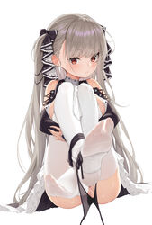  azur_lane black_gloves black_panties blush bridal_gauntlets closed_mouth commentary convenient_censoring dress elbow_gloves feet female formidable_(azur_lane) frilled_dress frills gloves grey_hair highres hugging_own_legs knees_to_chest knees_up legs_together long_hair looking_at_viewer mokew no_shoes panties panties_around_one_leg red_eyes ribbon see-through simple_background sitting soles solo thighhighs toes twintails two-tone_dress two-tone_ribbon underwear very_long_hair white_background white_thighhighs 