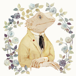  animal animal_focus ascot bearded_dragon black_ascot blue_flower blue_rose closed_mouth clothed_animal crossed_arms flower grey_eyes high_collar highres jacket lizard no_humans original purple_flower purple_rose rose simple_background sleeve_cuffs slit_pupils tono_(rt0no) upper_body white_background yellow_jacket 