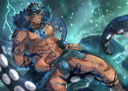  1boy abs absurdres anchor_necklace bara bare_pectorals blue_fire bulge dark-skinned_male dark_skin facial_hair feet_out_of_frame fire fur_trim goatee grin highres jewelry kageru_(mofnyan) large_pectorals loincloth male_focus mature_male multicolored_hair muscular muscular_male navel necklace nipples pectorals revealing_clothes short_hair sideburns smile solo spiked_hair stomach stomach_tattoo tangaroa_(housamo) tangaroa_mugen_(housamo) tattoo tentacle tentacles_on_male thick_thighs thighs tokyo_afterschool_summoners tribal_tattoo two-tone_hair yellow_eyes 