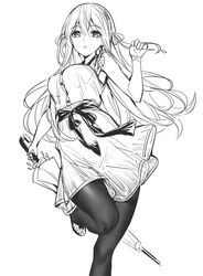  bare_arms bare_shoulders breasts closed_umbrella dress feet_out_of_frame female greyscale hair_between_eyes hair_ribbon hand_up holding holding_umbrella long_hair looking_at_viewer medium_breasts monochrome original parted_lips ribbon ririko_(zhuoyandesailaer) saegusa_futaba shoes simple_background sleeveless sleeveless_dress solo standing standing_on_one_leg umbrella very_long_hair white_background 