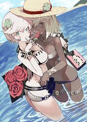  2girls arm_over_shoulder ass bad_id bad_twitter_id beach blonde_hair blush buckle clover collarbone commentary dark-skinned_female dark_skin eating elphelt_valentine flower food four-leaf_clover guilty_gear guilty_gear_xrd gun hat highres holding holding_gun holding_weapon medium_hair multiple_girls outdoors popsicle ramlethal_valentine red_flower rose short_hair sun_hat tefec wading water watermelon_bar weapon wet white_hair 