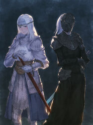  2girls absurdres armor black_armor black_background black_skirt black_vs_white commentary_request dark_souls_(series) dark_souls_iii gauntlets gorget hand_on_hilt helmet highres holding holding_sheath holding_sword holding_weapon long_sleeves multiple_girls photoshop_(medium) scabbard sheath sheathed shinoharatotsuki sirris_of_the_sunless_realms skirt sword weapon white_hair yuria_of_londor 