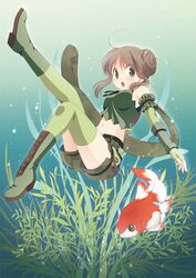  bangs boots breasts brown_eyes brown_hair bubble camouflage camouflage_scarf camouflage_shorts commentary_request double_bun elbow_gloves eyebrows_visible_through_hair female fingerless_gloves fish full_body gloves green_footwear green_gloves green_legwear green_scarf green_shorts green_tubetop koi looking_at_viewer maru_(sasayama_chikage) medium_breasts medium_hair open_mouth plant ragnarok_online ranger_(ragnarok_online) scarf shorts sleeve_garter solo strapless thighhighs tubetop underwater 