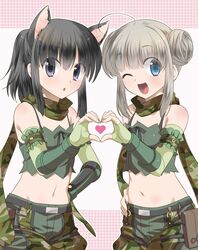  2girls :o ;d animal_ears bangs black_bra black_eyes black_hair blue_eyes blush bra breasts camouflage camouflage_scarf camouflage_shorts cat_ears commentary_request cowboy_shot double_bun elbow_gloves eyebrows_visible_through_hair fingerless_gloves gloves green_gloves green_scarf green_shorts green_tubetop grey_hair hair_between_eyes heart heart_hands heart_hands_duo looking_at_viewer maru_(sasayama_chikage) medium_hair midriff multiple_girls navel one_eye_closed open_mouth ponytail ragnarok_online ranger_(ragnarok_online) scarf shorts sidelocks sleeve_garter small_breasts smile strapless textless tubetop underwear 