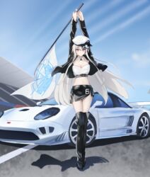  azur_lane bad_id bad_pixiv_id black_thighhighs boots breasts car cleavage commentary_request drum_(acta2436) enterprise_(azur_lane) female flag hat jacket long_hair miniskirt motor_vehicle peaked_cap purple_eyes race_queen saleen saleen_s7 skirt sky sleeveless smile solo thighhighs vehicle_focus white_hair 