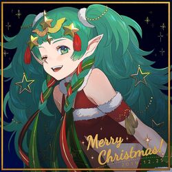  braid christmas commentary dated female fire_emblem fire_emblem:_three_houses fire_emblem_heroes fur_trim green_eyes green_hair hair_ornament hair_ribbon highres kyufe merry_christmas one_eye_closed open_mouth pointy_ears ribbon ribbon_braid solo sothis_(fire_emblem) sothis_(winter)_(fire_emblem) tiara twin_braids upper_body 