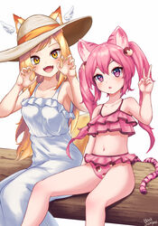  2girls animal_ears bikini blonde_hair cat_ears cat_girl cat_tail claw_pose commentary_request dress fangs fox_ears fox_girl fox_tail hair_ornament hat highres hooksampao long_hair multiple_girls nail_polish navel open_mouth original pink_bikini pink_eyes pink_hair smile stomach sundress swimsuit tail thai_commentary twintails v white_dress wings yellow_eyes yellow_nails 