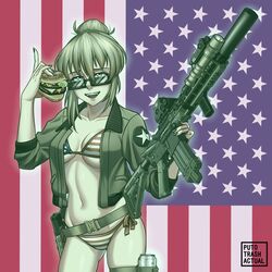  american_flag american_flag_background american_flag_bikini american_flag_print ar-15 artist_name ass_visible_through_thighs assault_rifle bikini blonde_hair blue_eyes breasts burger cowboy_shot female flag_print flashlight food glowing gun hair_bun highres jacket laser_sight looking_over_eyewear looking_to_the_side magpul medium_breasts navel original print_bikini puto_trash rifle side-tie_bikini_bottom smile solo sunglasses suppressor swimsuit thighs weapon 