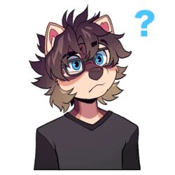  1:1 alpha_channel anthro aycee blonde_hair blue_eyes brown_body brown_fur brown_hair brown_nose canid canine canis cheek_tuft clothed clothing digital_media_(artwork) domestic_dog eyewear facial_tuft fur glasses hair head_tilt male mammal messy_hair multicolored_body multicolored_fur multicolored_hair question_mark shaded shiba_inu shirt solo spitz tan_body tan_fur telegram_sticker terry_(roanoak) topwear trans_(lore) trans_man_(lore) tuft two_tone_hair 