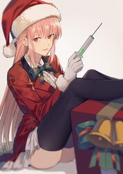  absurdres bell black_thighhighs blurry braid commentary depth_of_field fate/grand_order fate_(series) female florence_nightingale_(fate) florence_nightingale_(santa)_(fate) french_braid hat highres long_hair looking_at_viewer neck_ribbon pink_hair red_eyes ribbon santa_hat sidelocks skirt smile solo syringe thighhighs thighs white_background white_skirt yorukun 