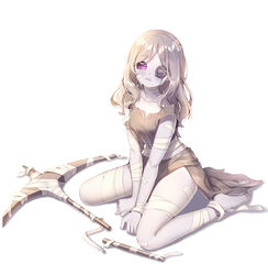  bandaged_arm bandaged_leg bandages barefoot between_legs black_sclera blush broken brown_skirt brown_tank_top button_eyes buttons collarbone colored_sclera commentary_request crying crying_with_eyes_open female follower_(identity_v) full_body grey_hair grey_skirt hand_between_legs identity_v long_hair parted_lips pickaxe purple_eyes shadow signature sitting skirt solo strap_slip tank_top tears tempy_(rinsia) wariza white_background 