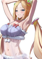  absurdres aki_rosenthal aki_rosenthal_(sleepwear) armpits arms_behind_head arms_up babydoll blonde_hair blue_eyes blush bob_cut bra commentary_request detached_hair female forehead frilled_bra frills fur-trimmed_bra fur-trimmed_panties fur_trim grin hair_intakes headgear highres hololive long_hair looking_at_viewer low_twintails navel nayuyu1105 official_alternate_costume panties parted_bangs pom_pom_(clothes) see-through simple_background smile solo tsurime twintails underwear underwear_only upper_body virtual_youtuber white_background 