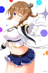  ;) anchor azur_lane bare_shoulders blue_capelet blue_eyes blue_skirt blush braid breasts brown_hair capelet commentary_request cowboy_shot criss-cross_halter crop_top female finger_gun french_braid gloves hair_between_eyes halterneck hat highres kamishiro_(rsg10679) large_breasts looking_at_viewer midriff mini_hat miniskirt navel one_eye_closed pleated_skirt ponytail repulse_(azur_lane) short_hair sidelocks skirt smile solo standing thighhighs twitter_username white_background white_gloves white_thighhighs 