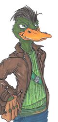  anas anatid anseriform anthro avian bird black_hair blue_bottomwear blue_clothing blue_pants bottomwear brown_clothing brown_gloves brown_handwear brown_jacket brown_topwear clothing cracked_beak dabbling_duck denim denim_bottomwear denim_clothing duck dux_(mutant:_year_zero) feathers gloves green_body green_clothing green_eyes green_feathers green_sweater green_topwear hair handwear hi_res jacket jeans krolik leather leather_clothing leather_gloves leather_handwear leather_jacket leather_topwear male mallard mutant:_year_zero mutant_(franchise) pants pose signature solo sweater tan_clothing tan_gloves tan_handwear tape topwear 