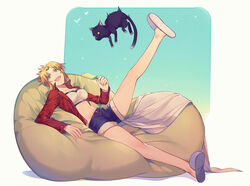  :d absurdres bad_id bad_twitter_id bandeau bean_bag_chair black_cat blonde_hair breasts commentary cutoffs denim denim_shorts english_commentary fate/apocrypha fate/grand_order fate_(series) feline female food green_eyes groin highres jacket leg_up legs looking_at_viewer lying midriff mordred_(fate) mordred_(fate/apocrypha) mordred_(memories_at_trifas)_(fate) navel on_back open_mouth popsicle red_jacket short_hair shorts slippers small_breasts smile white_background yorukun 