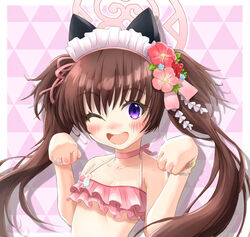  animal_ears bad_id bad_pixiv_id bikini black_hair blue_archive blush breasts collarbone commentary_request fake_animal_ears female flower frilled_bikini frills hair_flower hair_ornament halo highres kanzashi long_hair maid_headdress official_alternate_costume one_eye_closed portrait purple_eyes shizuko_(blue_archive) shizuko_(swimsuit)_(blue_archive) simple_background small_breasts solo swimsuit tomonx twintails 