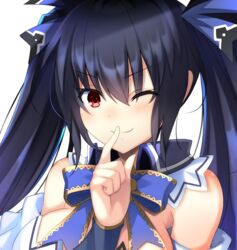  bare_shoulders black_hair bow bowtie breasts commentary_request detached_collar detached_sleeves doria_(p_f_dolia) female finger_to_mouth hair_between_eyes hair_ribbon index_finger_raised long_hair looking_at_viewer medium_breasts neptune_(series) noire_(neptunia) one_eye_closed red_eyes ribbon sidelocks simple_background smile solo twintails upper_body v-shaped_eyebrows white_background 