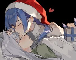  2girls aogisa bad_id bad_twitter_id blanket blue_hair christmas christmas_present closed_eyes commentary dp-12_(girls&#039;_frontline) gift girls&#039;_frontline hat kissing kissing_forehead ksvk_(girls&#039;_frontline) mother_and_daughter multiple_girls santa_hat sleeping white_hair 