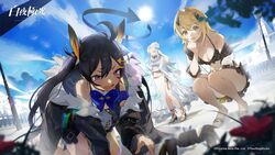  3girls absurdres alchemy_stars antenna_hair armband bare_shoulders bikini bikini_skirt bikini_under_clothes bird black_bikini black_coat black_hair blonde_hair blurry blurry_foreground breasts carleen_(alchemy_stars) carleen_(sea_breeze)_(alchemy_stars) cloud coat company_name copyright_name crab dress fia_(alchemy_stars) flower frilled_bikini frills fur-trimmed_coat fur_trim hair_flower hair_intakes hair_ornament halo high_heels highres jacket kneeling lamppost lens_flare long_hair long_sleeves marine_day mismatched_bikini multiple_girls navel oerba_yun_fang off_shoulder official_art one_eye_closed open_mouth outdoors purple_shirt sand sandals sarong see-through see-through_jacket shawl shirt short_hair skin_fang sleeveless sleeveless_dress small_breasts squatting standing sun swimsuit twintails vice_(alchemy_stars) vice_(ray_of_sunshine)_(alchemy_stars) white_dress white_hair yellow_eyes 