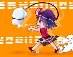  black_skirt cabbie_hat carrot_on_stick chasing colored_shadow commentary dust_cloud expressive_clothes female frilled_shirt frilled_skirt frills ghost hat hat_ornament jiangshi medium_hair miyako_yoshika motion_blur oerba_yun_fang ofuda one-hour_drawing_challenge open_mouth orange_background outstretched_arms purple_eyes purple_hair purple_hat red_shirt running shadow shirt skirt solo star_(symbol) star_hat_ornament teeth touhou translated unime_seaflower zombie_pose 