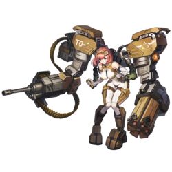  3: blush bodysuit boots breasts chain_gun female full_body game_cg green_eyes hair_between_eyes hairband highres io_(last_origin) large_breasts last_origin looking_at_viewer official_art paintale power_suit red_hair rocket_launcher short_hair solo tachi-e transparent_background weapon 