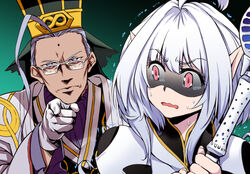  1boy ahoge chen_gong_(fate) commentary dark-skinned_male dark_skin english_commentary engrish_commentary fate/grand_order fate/grand_order_arcade fate/prototype fate_(series) female glasses gloves hat i_want_you makishima_rin merlin_(fate/prototype) merlin_(fate/prototype)_(second_ascension) mixed-language_commentary pink_eyes pointing pointy_ears purple_eyes scared shaded_face staff sweat tears trembling uncle_sam white_gloves 