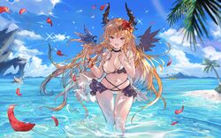  bikini blonde_hair breasts cameltoe cleavage dark_angel_olivia granblue_fantasy horns long_hair niii petals red_eyes swimsuit water wings 