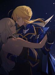  2girls ahoge arm_around_waist artoria_pendragon_(fate) artoria_pendragon_(lancer)_(fate) bad_id bad_twitter_id bare_shoulders blonde_hair blue_gloves braid braided_bun choker commentary_request cowboy_shot dancing dress english_commentary eye_contact fate/grand_order fate_(series) gloves green_eyes grey_hair hair_bun half_up_braid highres incest looking_at_another mixed-language_commentary morgan_le_fay_(fate) multiple_girls siblings sisters strapless strapless_dress yorukun yuri 