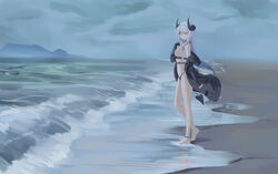  absurdres anklet bare_legs bare_shoulders barefoot beach bikini black_bikini black_jacket blue_eyes breasts cake_walker cloud cloudy_sky day demon_girl demon_horns demon_tail earrings female from_side full_body grey_hair highres horns jacket jewelry large_breasts long_hair long_sleeves looking_at_viewer looking_to_the_side ocean off_shoulder open_clothes open_jacket original outdoors sideboob sky sleeves_past_wrists standing swimsuit tail very_long_hair water 