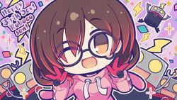  android breasts brown_eyes brown_hair chibi commentary female glasses happy_birthday head_tilt hololive hood hoodie hoshikuzu_no_yoru looking_at_viewer mechanical_hands medium_breasts official_alternate_costume one_eye_closed open_mouth paw_print pink_hoodie roboco-san roboco-san_(hoodie) robosaa_(roboco) smile solo teardrop-framed_glasses upper_body virtual_youtuber 