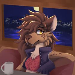  1:1 anthro brown_hair cafe city city_background clothing container cup digital_media_(artwork) female gloves hair handwear helena_(bonk6) hyena jacket ladlewitch mammal mug solo spotted_hyena topwear 