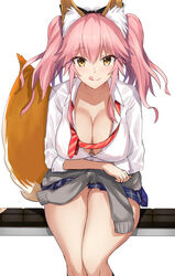  akatsuki_ikki animal_ear_fluff animal_ears black_bow blue_skirt blush bow breasts cardigan cardigan_around_waist cleavage closed_mouth clothes_around_waist collarbone collared_shirt commentary_request dress_shirt fate/extra fate_(series) female fox_ears fox_girl fox_tail grey_cardigan hair_between_eyes hairbow head_tilt large_breasts leaning_forward licking_lips long_hair loose_necktie necktie oerba_yun_fang official_alternate_costume one_eye_closed pink_hair pink_necktie school_uniform shirt short_sleeves sidelocks simple_background sitting skirt smile solo tail tamamo_(fate) tamamo_no_mae_(fate/extra) tamamo_no_mae_(jk)_(fate) tongue tongue_out twintails very_long_hair white_background white_shirt yellow_eyes 