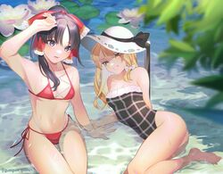  2girls arm_up armpits barefoot bikini black_hair blonde_hair blue_background blurry blurry_foreground bow branch breasts cowboy_shot cross-laced_bikini cross-laced_clothes eyebrows_hidden_by_hair feet_out_of_frame flower grey_eyes grin guumin hair_between_eyes hair_over_shoulder hairbow hakurei_reimu hat highres kirisame_marisa leaf long_hair looking_at_viewer lotus lying multiple_girls on_side one-piece_swimsuit outdoors parted_lips partially_submerged ponytail red_bikini red_bow ribbon side-tie_bikini_bottom sitting small_breasts smile sun_hat swimsuit teeth thigh_gap touhou twitter_username water wet white_bow yellow_eyes 