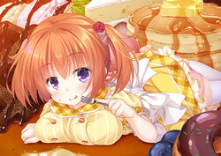  blueberry blush breasts cafe_stella_to_shinigami_no_chou cake cake_slice commentary_request doughnut eating female food food_on_face fork fruit hair_ornament large_breasts licking_lips looking_at_viewer lying on_stomach orange_hair pancake pancake_stack photoshop_(medium) purple_eyes sekine_irie short_sleeves short_twintails skirt smile solo sumizome_nozomi syrup thighhighs tongue tongue_out twintails white_thighhighs yellow_skirt 