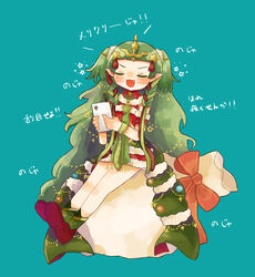  blue_background braid cellphone closed_eyes commentary_request dress female fire_emblem fire_emblem:_three_houses fire_emblem_heroes fur_trim green_hair hair_ornament hair_ribbon highres holding holding_phone long_hair oerba_yun_fang open_mouth phone pointy_ears ribbon ribbon_braid sack simple_background sitting smartphone solo sothis_(fire_emblem) sothis_(winter)_(fire_emblem) tiara twin_braids vianchiel 